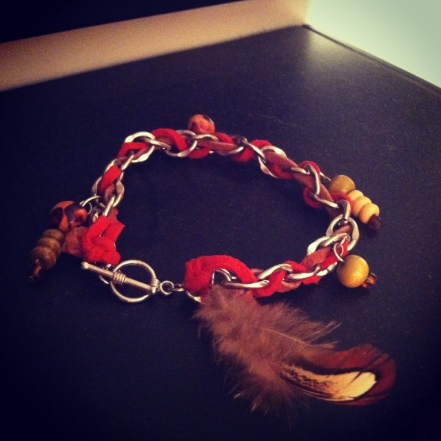 Red and Brown Suede Feather Charm Bracelet